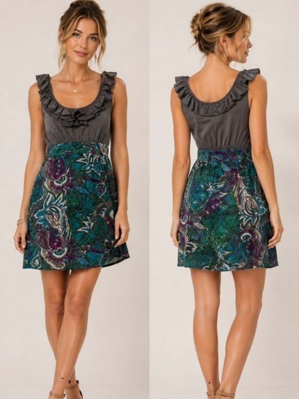 Anthropologie Maeve Gray Ruffle Paisley Silk Blend Dress